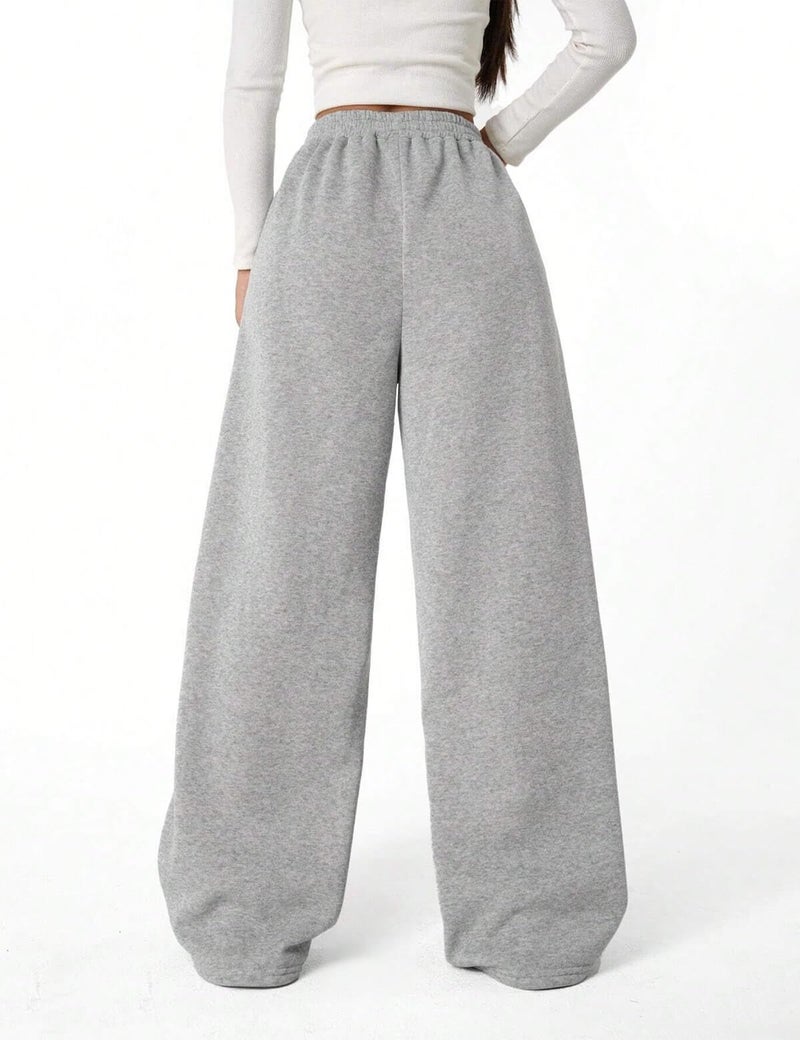 FACDIBY Fleece Lined Sweatpants for Women Wide Leg High Waisted Sweat Pants Baggy Drawstring Sherpa Straight Leg Lounge Pants Grey L - Image 2