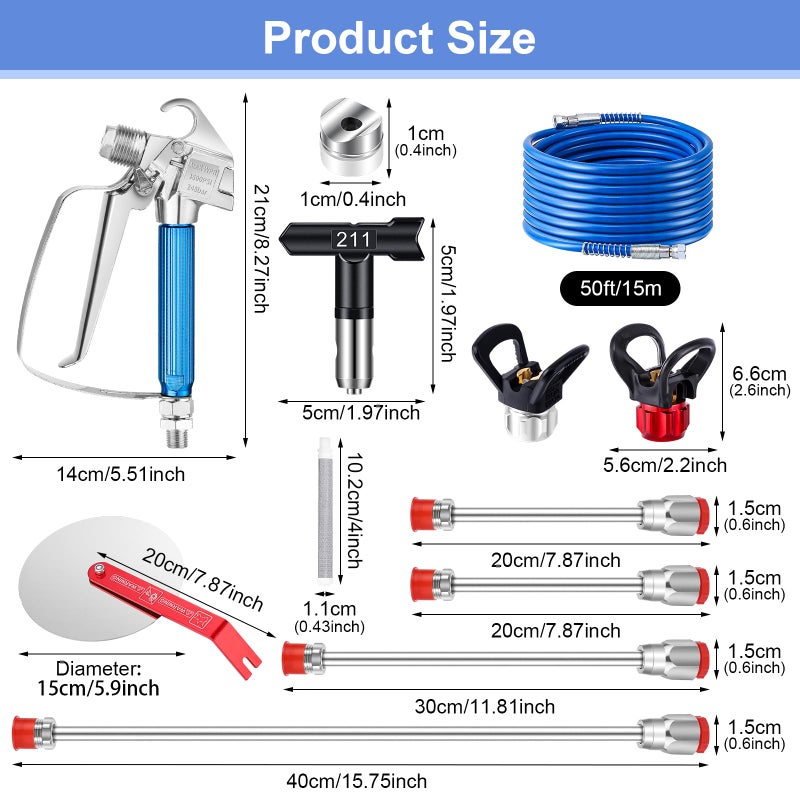 Gyfent 22Pcs Airless Paint Sprayer Gun Kit, 3600PSI Airless Spray Gun with 50Ft High Pressure Hose & 6Pcs Reversible Spray Tips & 4Pcs Extension Rod & 6Pcs Filters & Guide Tool & Nozzle Seat - Image 5