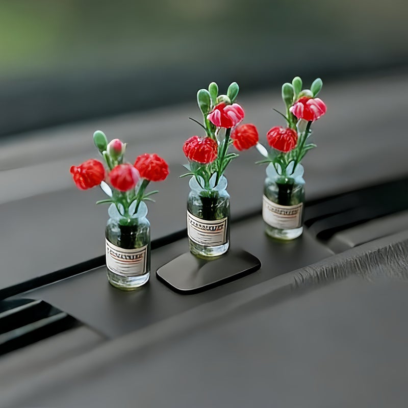 Elegant Mini Red Rose Car Dashboard Decoration 3pc Set - Image 1