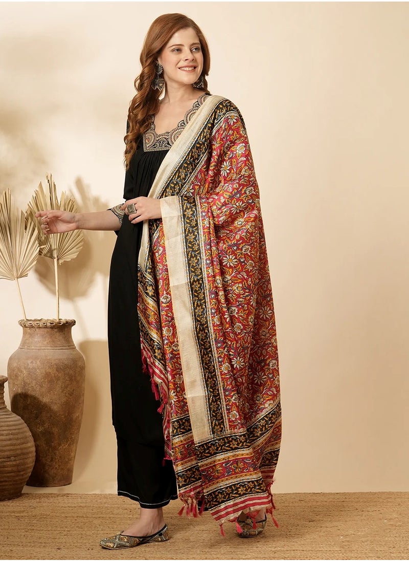 PRIYA’S PANACHE Women's Ethnic Viscose Rayon A-Line Kurta Set with Palazzo & Chanderi Dupatta | Traditional Indian Outfit  - Image 1