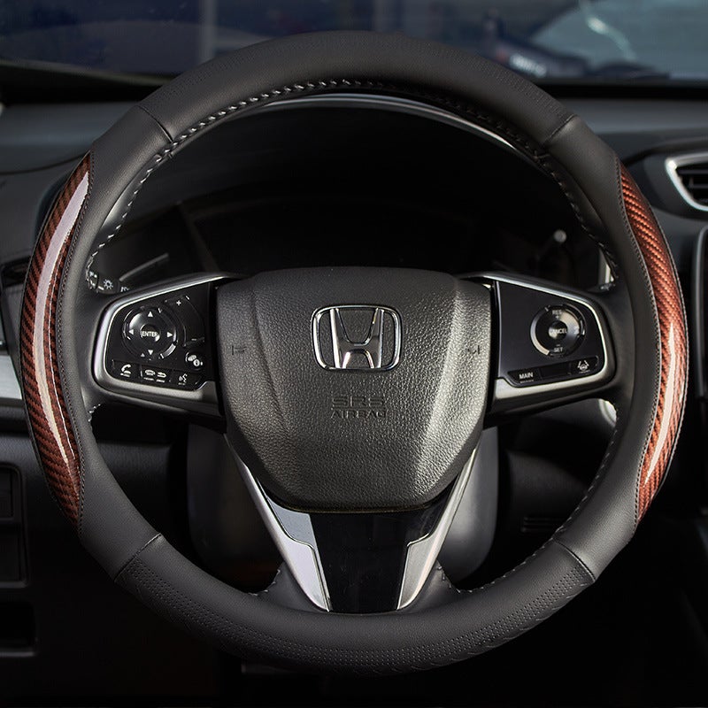 All-season universal steering wheel cover, peach wood grain spliced carbon fiber design, non-slip car interior accessory - Image 2