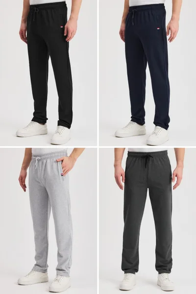 ميتاليك Black-Navy-Gray-Anthracite Men's Zippered Pocket Embroidered Detailed Straight Leg Relaxed Cut Daily 4-Pack Tracksuit Bottoms