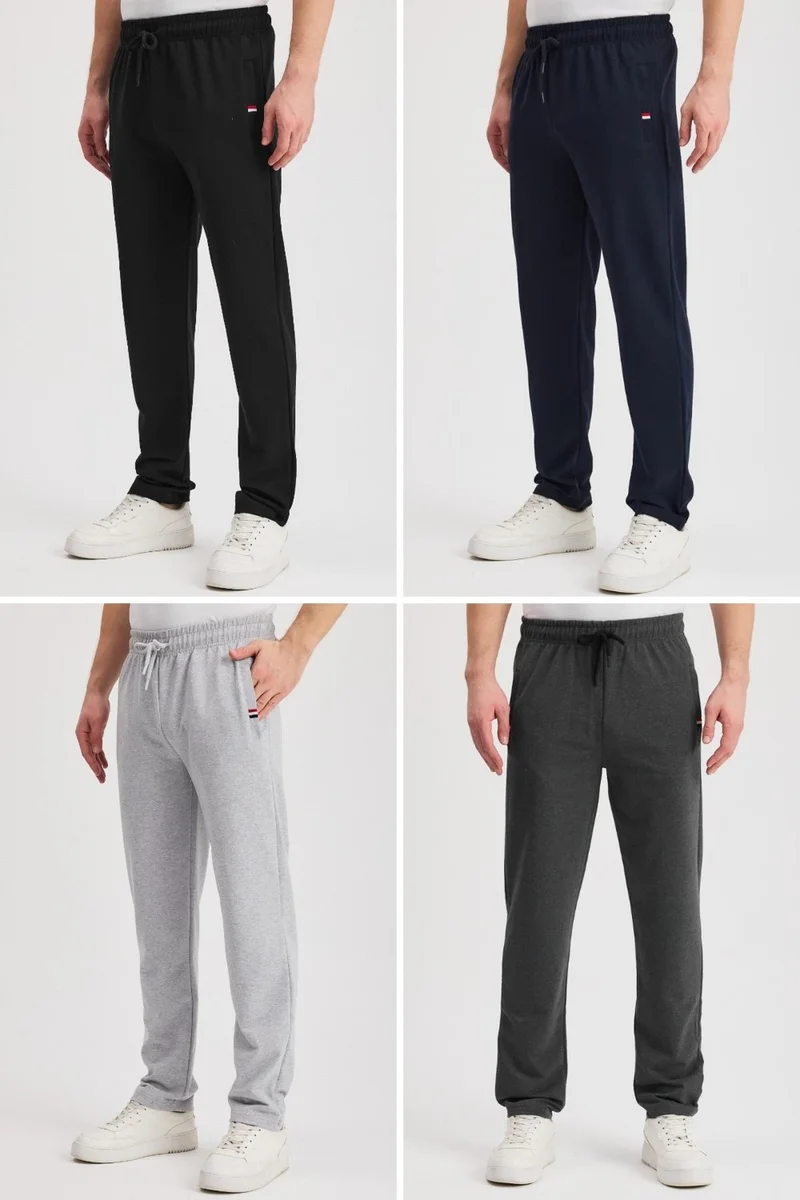 mmetalic Black-Navy-Gray-Anthracite Men's Zippered Pocket Embroidered Detailed Straight Leg Relaxed Cut Daily 4-Pack Tracksuit Bottoms