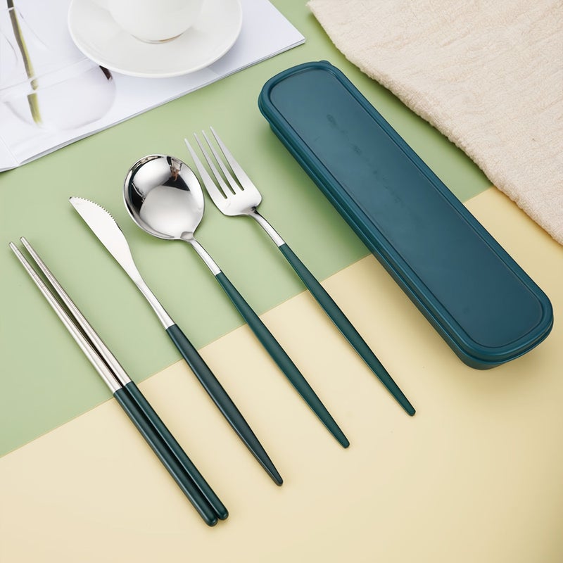 Green Silvery Stainless Steel Portable 4Pc Cutlery Set For Outdoor Picnic Use - Image 1