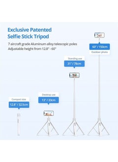 60" Selfie Stick Tripod, All in One Extendable Phone Tripod Stand with Bluetooth Remote 360° Rotation for iPhone and Android Phone Selfies, Video Recording, Vlogging, Live Streaming, White