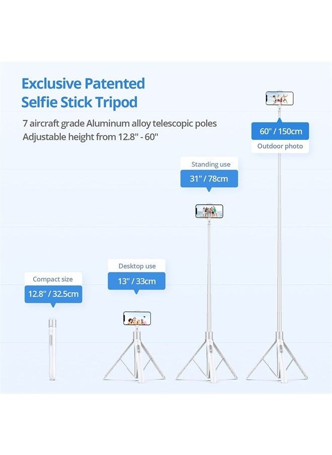 ATUMTEK - 60" Selfie Stick Tripod, All in One Extendable Phone Tripod Stand with Bluetooth Remote 360° Rotation for iPhone and Android Phone Selfies, Video Recording, Vlogging, Live Streaming, White - Image 1