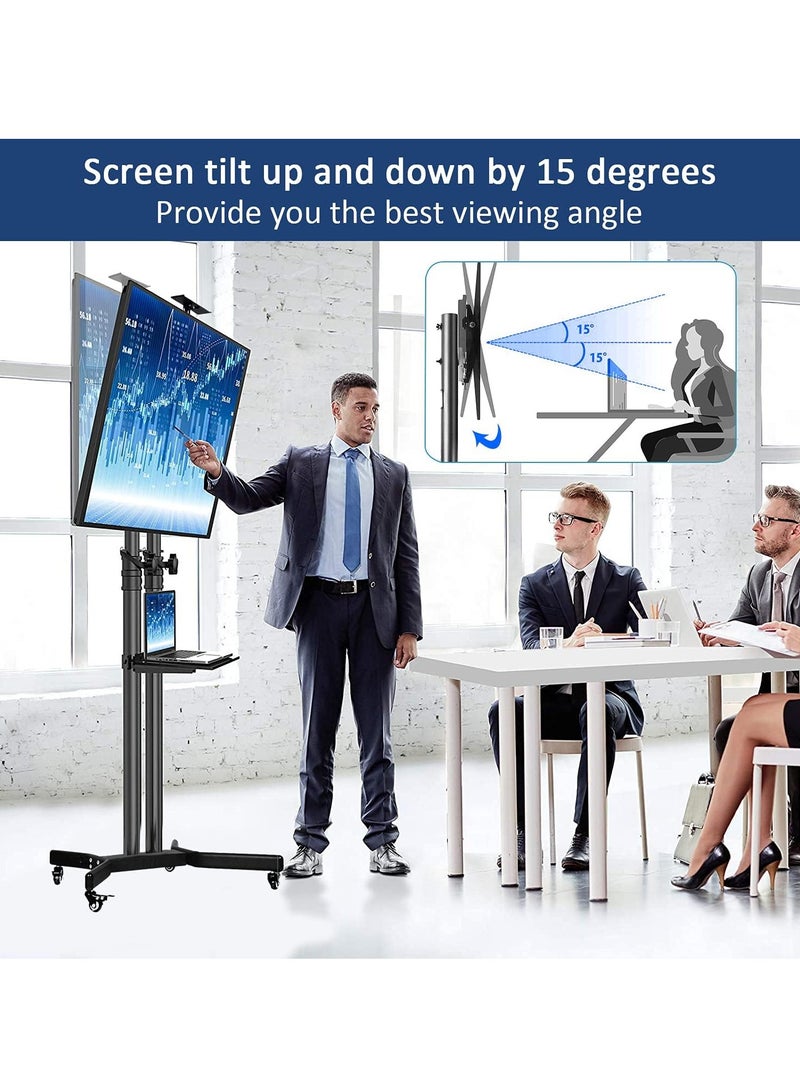 Mobile TV Stand Rolling TV Cart Floor TV Stand Trolley for 32” to 70” LCD LED Flat Curved Screen Tilt Height Adjustable TV Stand Mounted with Wheels 2 Media Shelves Cable Management - Image 5