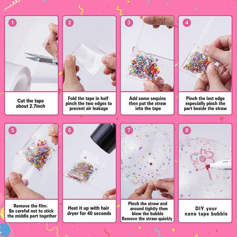RAMONI Nano Tape Kit, Nano Tape 5CM*3M, 27 Pcs DIY Nano Tape Bubbles Kit for Making Bubbles Nano Tape with Glitter Flakes Stars Straw for Balloon Double Sided Ivy Grip Tape for Walls Reusable DIY kit - Image 3
