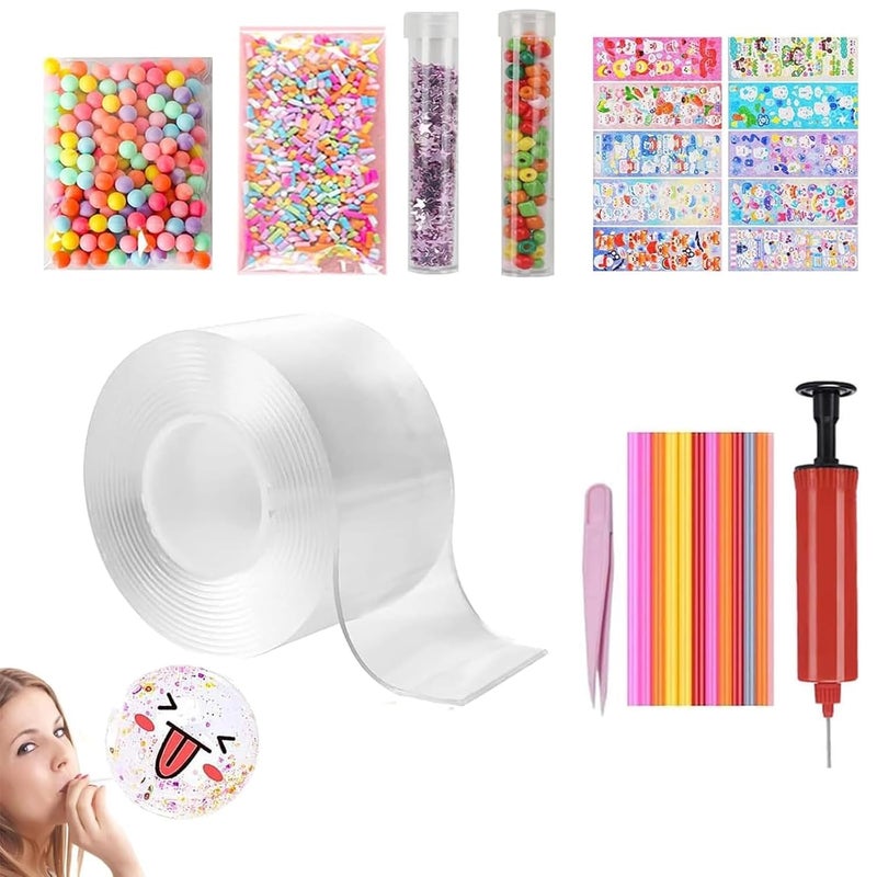 RAMONI Nano Tape Kit, Nano Tape 5CM*3M, 27 Pcs DIY Nano Tape Bubbles Kit for Making Bubbles Nano Tape with Glitter Flakes Stars Straw for Balloon Double Sided Ivy Grip Tape for Walls Reusable DIY kit - Image 1
