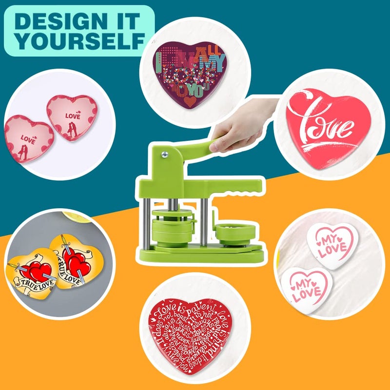Happizza Button Maker Machine, Heart-Shaped (3rd Gen) Installation-Free, Heart Shape DIY Pin Button Maker Press Machine Kit, Badge Punch Press Machine with Free 100pcs Heart Button Parts &Magic Book - Image 5