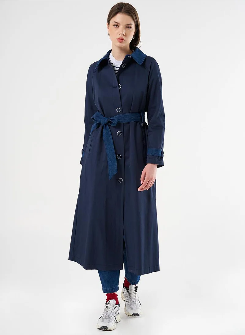 Kayra Denim Detailed Trench Coat Dark Navy Blue