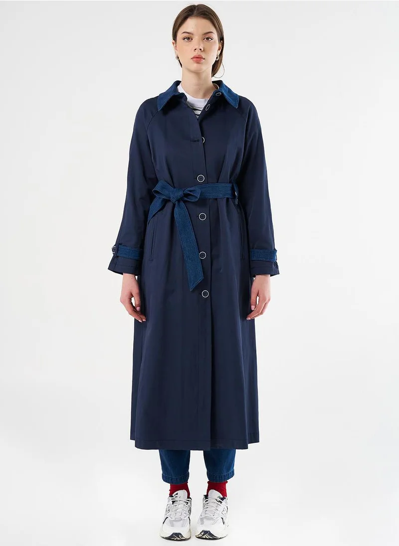 Kayra Denim Detailed Trench Coat Dark Navy Blue