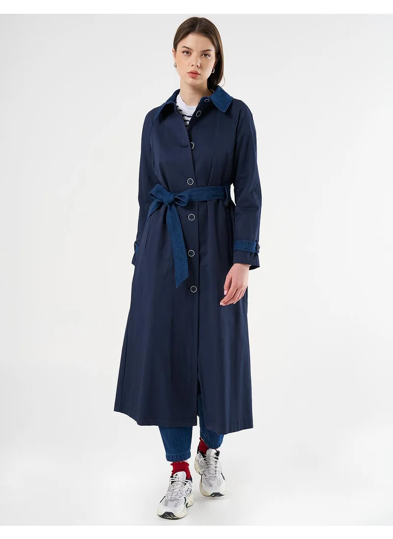 Kayra Denim Detailed Trench Coat Dark Navy Blue