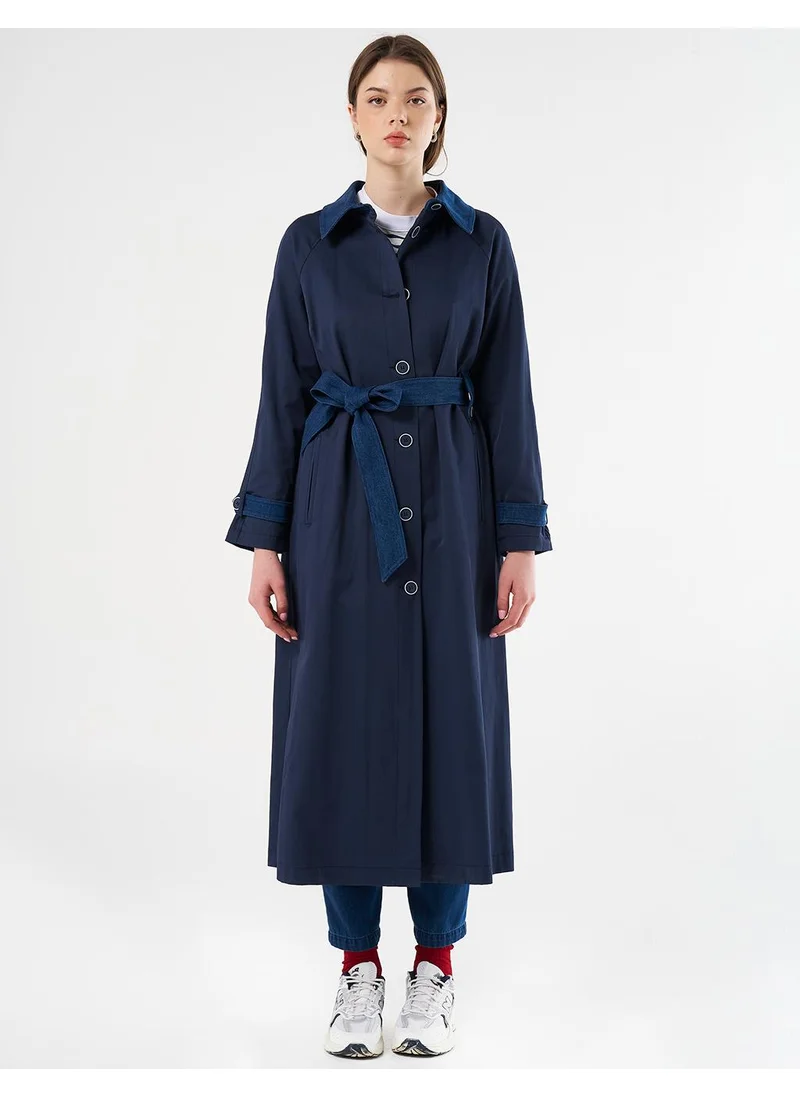 Kayra Denim Detailed Trench Coat Dark Navy Blue