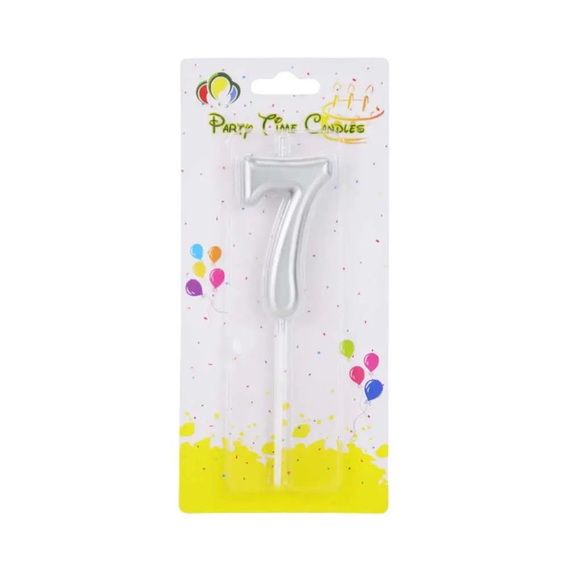 Party Time Numeral Matte Candles Cake Topper Decoration with 7 Number- Silver Color