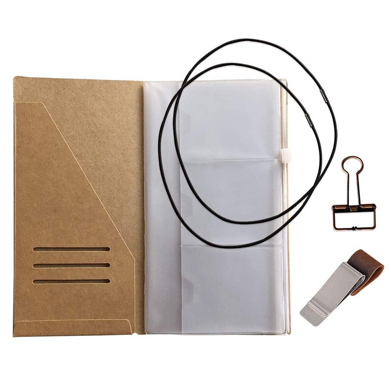 newestor Travelers Notebook Accessories Kit - Kraft File Folder, Zipper Case, Pen Holder, Binder Clip and 2 Elastic Bands - Image 1