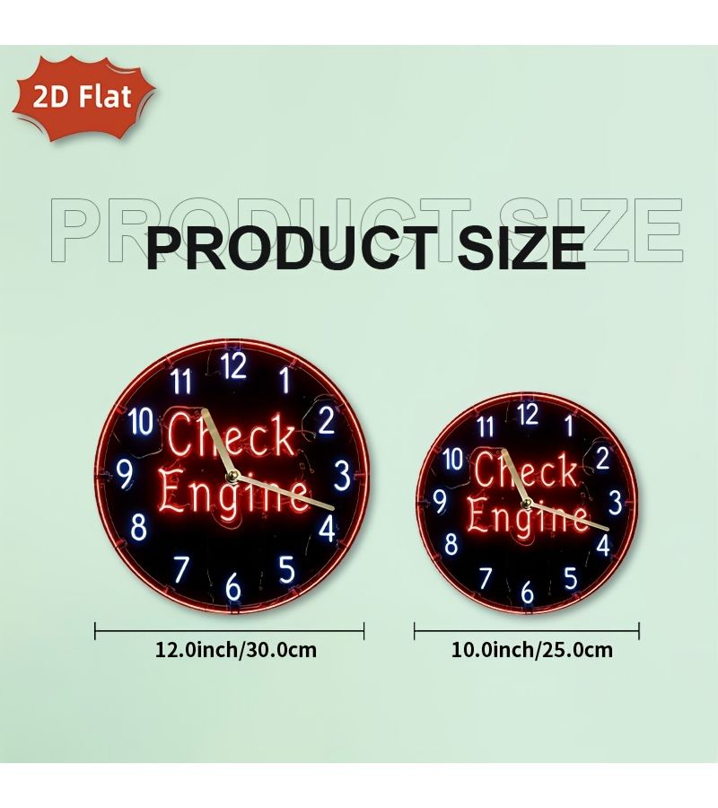 1pc 2d Flat Wall Clock Check Engine Neon Light 10x10inch Garage Workshop Man Cave Auto Shop Bar Decoration - Image 2