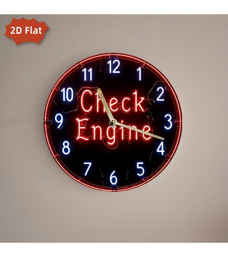 1pc 2d Flat Wall Clock Check Engine Neon Light 10x10inch Garage Workshop Man Cave Auto Shop Bar Decoration - Image 1