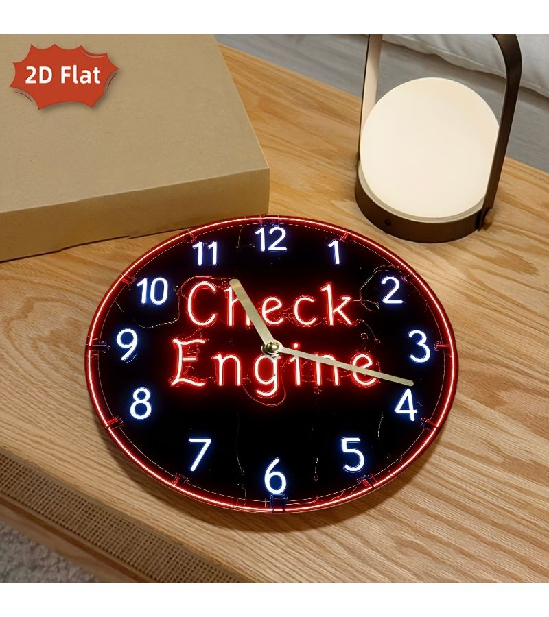 1pc 2d Flat Wall Clock Check Engine Neon Light 10x10inch Garage Workshop Man Cave Auto Shop Bar Decoration - Image 4