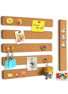 Cork Board Strips, 6 Pack Self Adhesive Cork Board Board Strips for Walls Self Adhesive Board Bar Strips Bulletin Board with 50 Push Pins for Paste Notes, Photos, Schedules