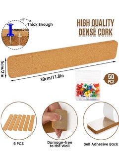 Generic Cork Board Strips, 6 Pack Self Adhesive Cork Board Board Strips for Walls Self Adhesive Board Bar Strips Bulletin Board with 50 Push Pins for Paste Notes, Photos, Schedules  - Image 2
