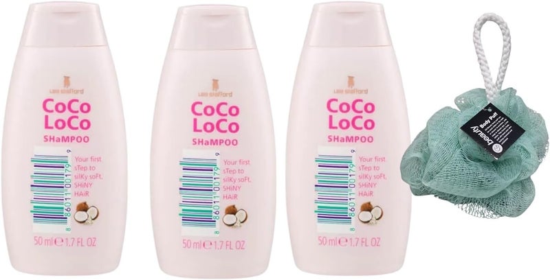 Lee Coco Loco Mini Shampooyour first Step to Silky Soft Shiny Hair 3 PACK 50ml With Free Beauty Body PuffAny Colour Travel Size
