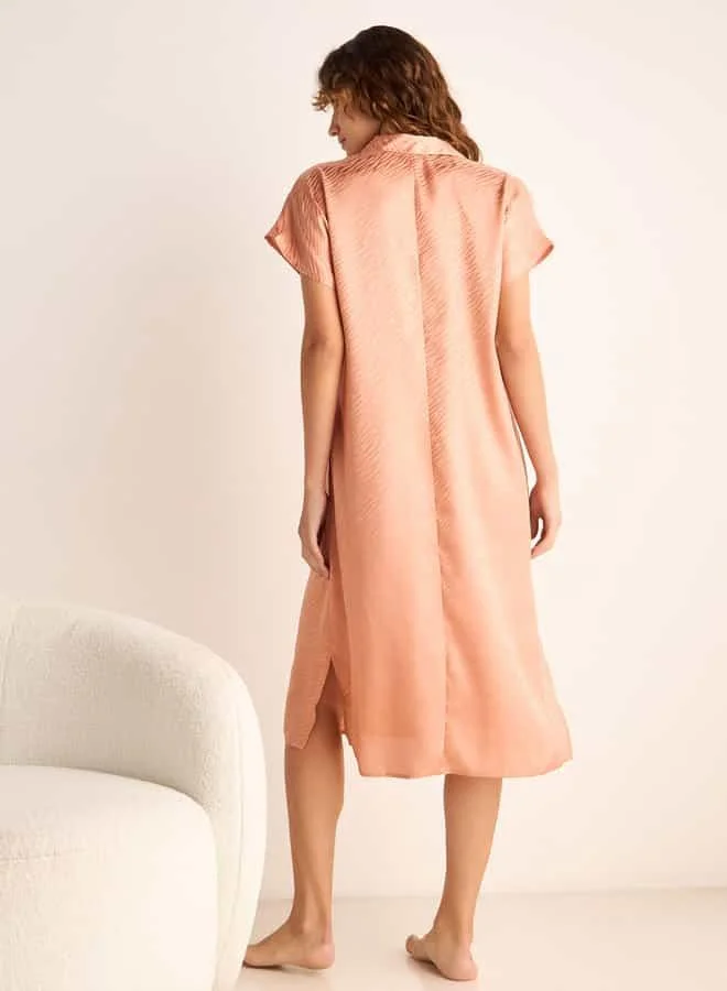 Splash FAV Jacquard Textured Satin Sleepshirt with Pocket and Slit Detail