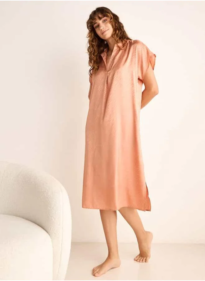 فاف Jacquard Textured Satin Sleepshirt with Pocket and Slit Detail