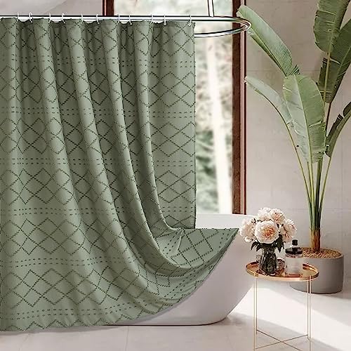 Siiluminisoy Sage Green Boho Shower Curtain Fabric Shower Curtain, 72 x 72 Tufted Chevron Textured Striped Modern Farmhouse Minimalist Cloth for Bathroom - Image 1