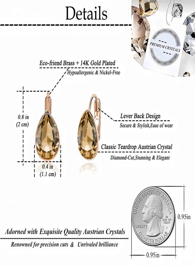 EVEVIC Teardrop Austrian Crystal Leverback Drop Earrings for Women 14K Rose Gold Plated Hypoallergenic Jewelry (Light Topaz) - Image 4