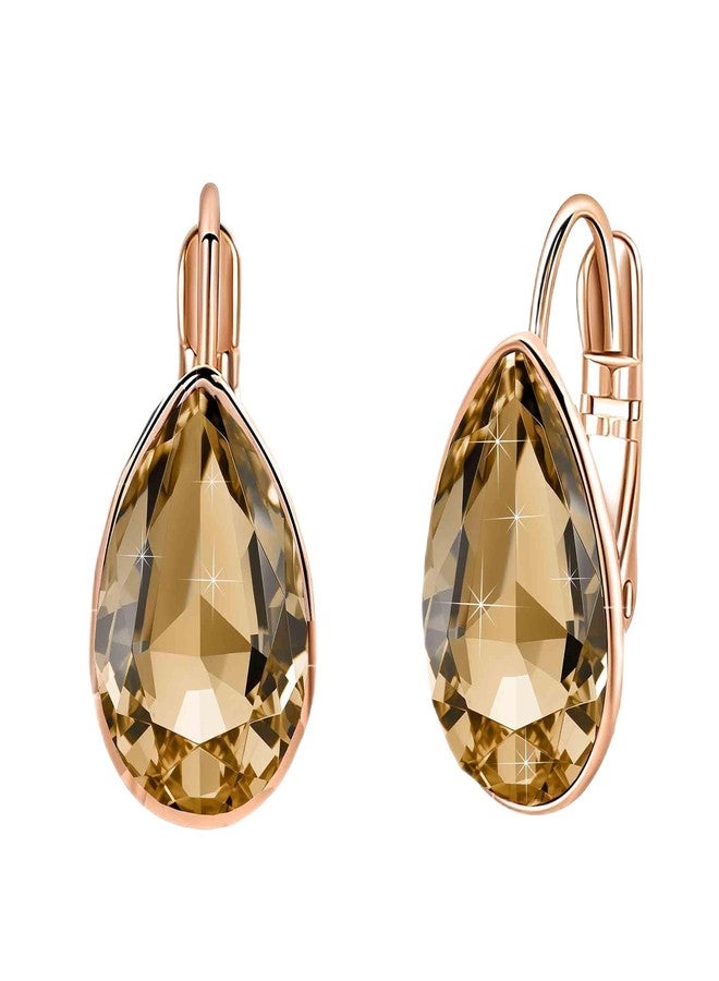 EVEVIC Teardrop Austrian Crystal Leverback Drop Earrings for Women 14K Rose Gold Plated Hypoallergenic Jewelry (Light Topaz) - Image 1