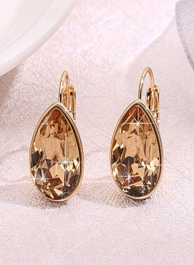 EVEVIC Teardrop Austrian Crystal Leverback Drop Earrings for Women 14K Rose Gold Plated Hypoallergenic Jewelry (Light Topaz) - Image 3