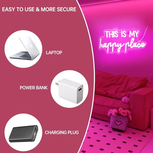Adnkwolivt Neon Signs for Wall Decor - This Is My Happy Place Neon Signs for Teen Girls Bedroom Decor, Pink Led Neon Lights for Wall Decor, Nightstand Light, Dimmable Switch USB Power, Adhesive Hook Included - Image 4