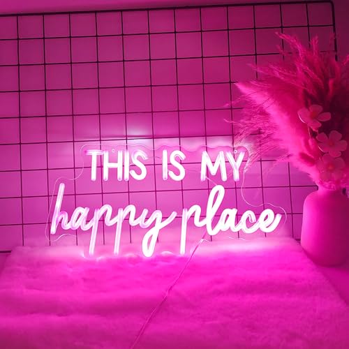 Adnkwolivt Neon Signs for Wall Decor - This Is My Happy Place Neon Signs for Teen Girls Bedroom Decor, Pink Led Neon Lights for Wall Decor, Nightstand Light, Dimmable Switch USB Power, Adhesive Hook Included - Image 1