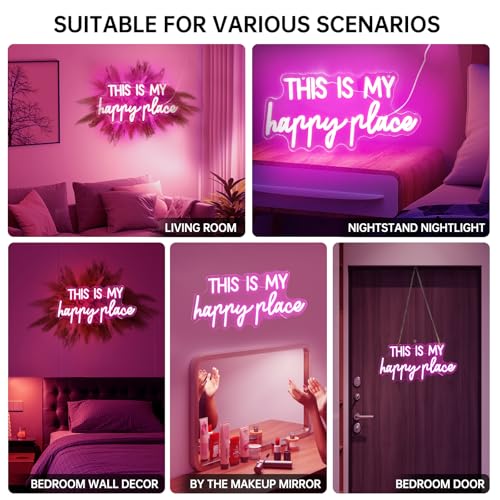 Adnkwolivt Neon Signs for Wall Decor - This Is My Happy Place Neon Signs for Teen Girls Bedroom Decor, Pink Led Neon Lights for Wall Decor, Nightstand Light, Dimmable Switch USB Power, Adhesive Hook Included - Image 3