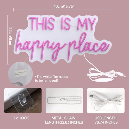 Adnkwolivt Neon Signs for Wall Decor - This Is My Happy Place Neon Signs for Teen Girls Bedroom Decor, Pink Led Neon Lights for Wall Decor, Nightstand Light, Dimmable Switch USB Power, Adhesive Hook Included - Image 2