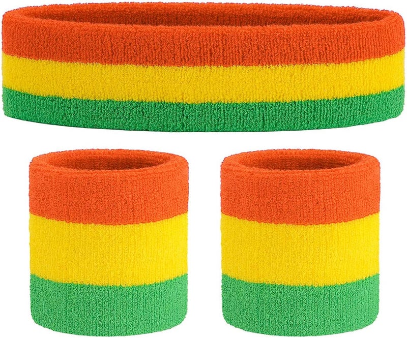 Toyshine Cotton 3 Pieces Sweatbands Set, Includes Sports Headband And Wrist Sweatbands Striped Sweat Band For Athletic Men And Women - Orange Yellow Green - Image 1
