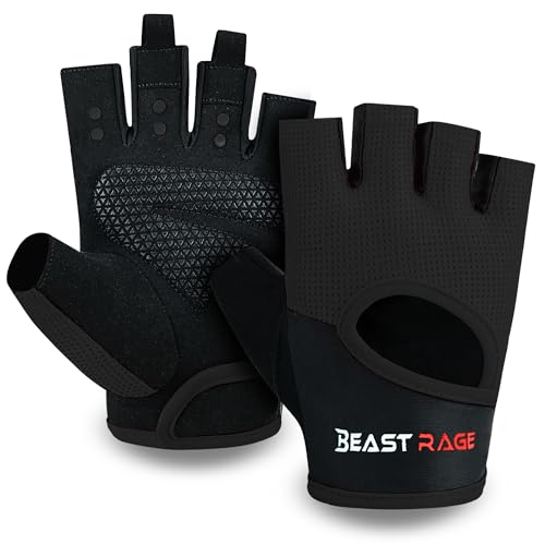 BEAST RAGE Workout Gloves for Men Gym Gloves for Weightlifting Women Fingerless with Palm Protection Padding Breathable and Lightweight Weight Lifting Glove Cycling Pull Up Black XL - Image 1
