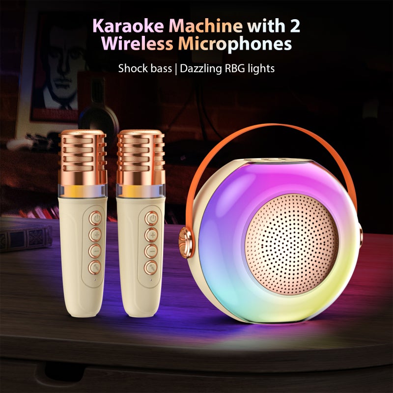 Mini Karaoke Machine: Beige, 360° RGB Lighting, Dual Microphones, 360° Surround Sound - BT 5.3 Compatibility, Portable Design for Home Parties, Outdoor Gatherings and Family Duets - Image 2