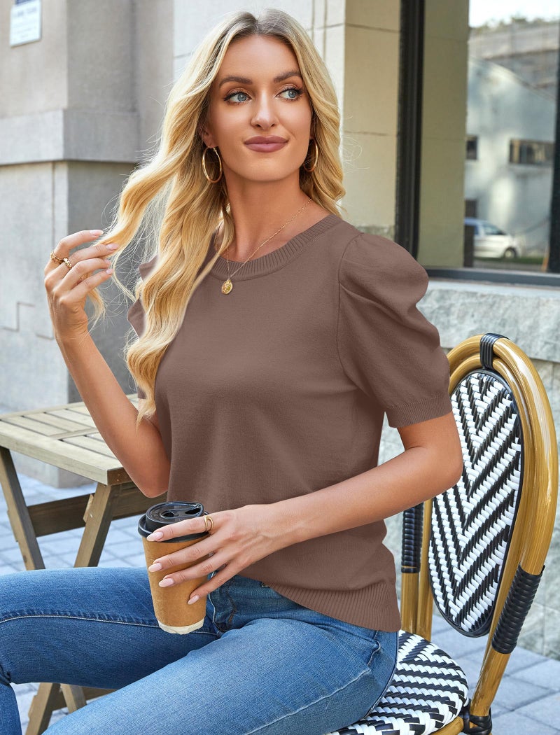 Sampeel Short Sleeve Sweaters for Women Business Casual Summer Outfits Puff Sleeve Crewneck Shirts Fashion Clothing Knitted Spring Work Ladies Blouses Coffee L - Image 4