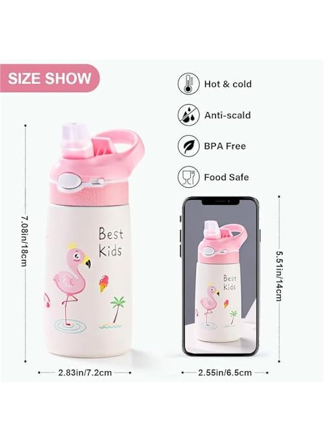 HOOKOR Kids Stainless Steel Water Bottles with Straw, 13.5 oz Insulated Water Bottle Double Wall Keep Hot Cold Drinks Thermos Toddler Bottle with Handle BPA-Free for School Boys Girls (Pink Flamingos) - Image 2