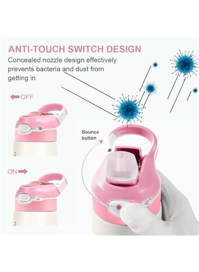 HOOKOR Kids Stainless Steel Water Bottles with Straw, 13.5 oz Insulated Water Bottle Double Wall Keep Hot Cold Drinks Thermos Toddler Bottle with Handle BPA-Free for School Boys Girls (Pink Flamingos) - Image 4