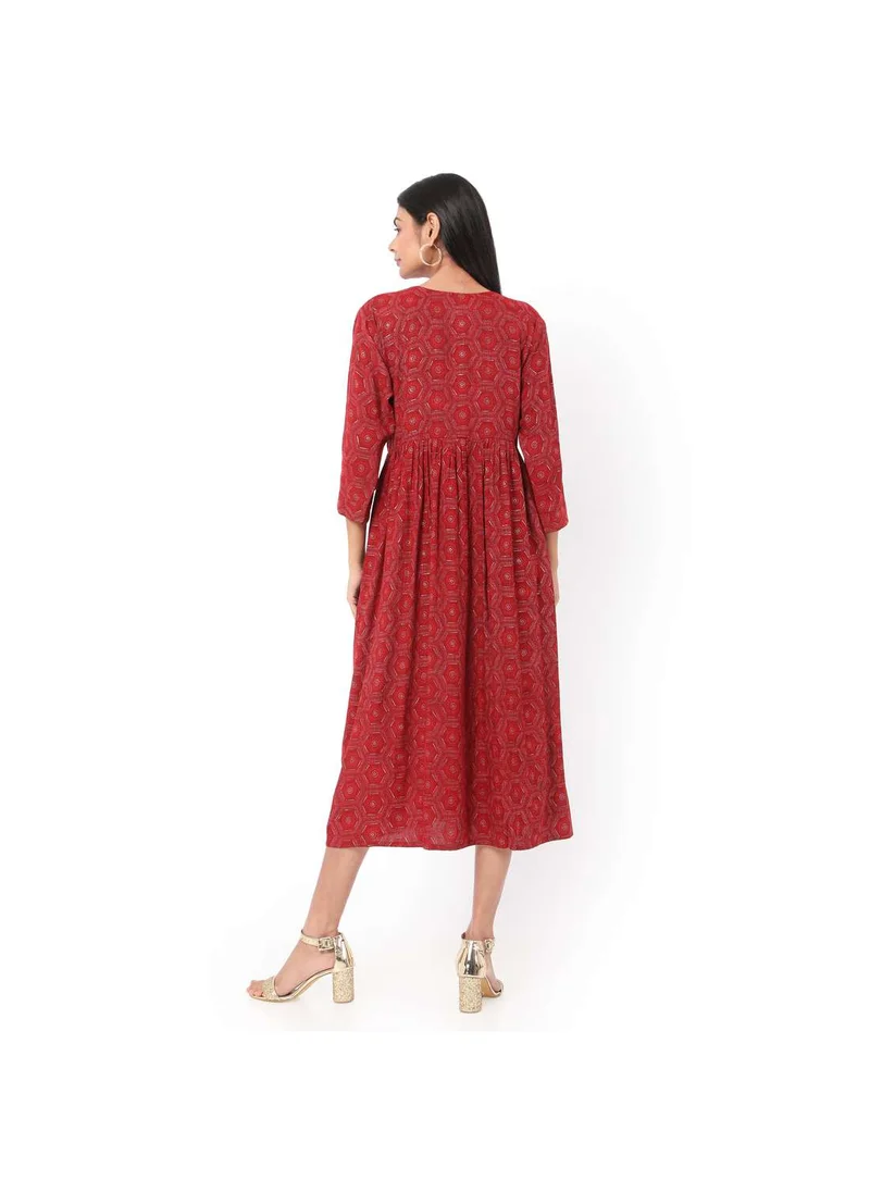 HANA & SARA SOFT RED COLOUR FRONT BUTTONED THREE FORTH SLEEVES CASUAL SHORT ARABIC JALABIYA KAFTAN DRESS