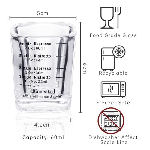 BCnmviku Espresso Shot Glasses Measuring Cup Liquid Heavy Glass for Baristas 2oz for Single Shot of Ristrettos (2 pack) - Image 3