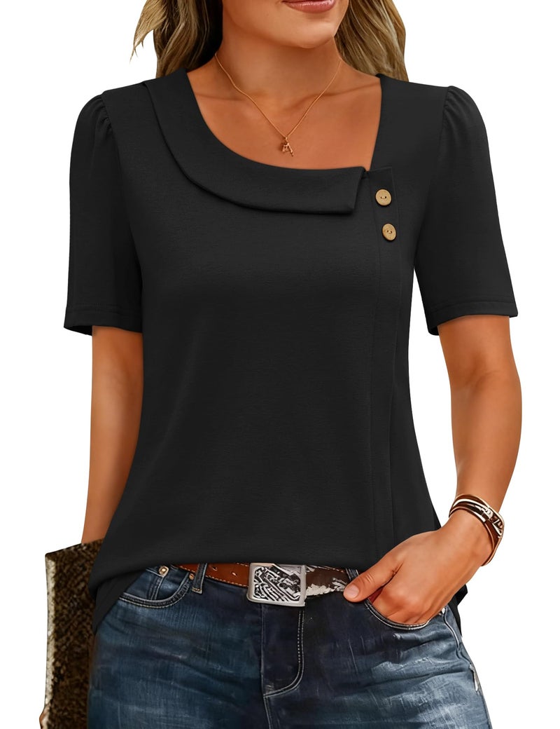 LUYAA Summer Clothes Womens Blouses Dressy Casual Black Short Sleeve Shirt Asymmetrical Square Neck Shirts Peasant Tops for Women L - Image 1