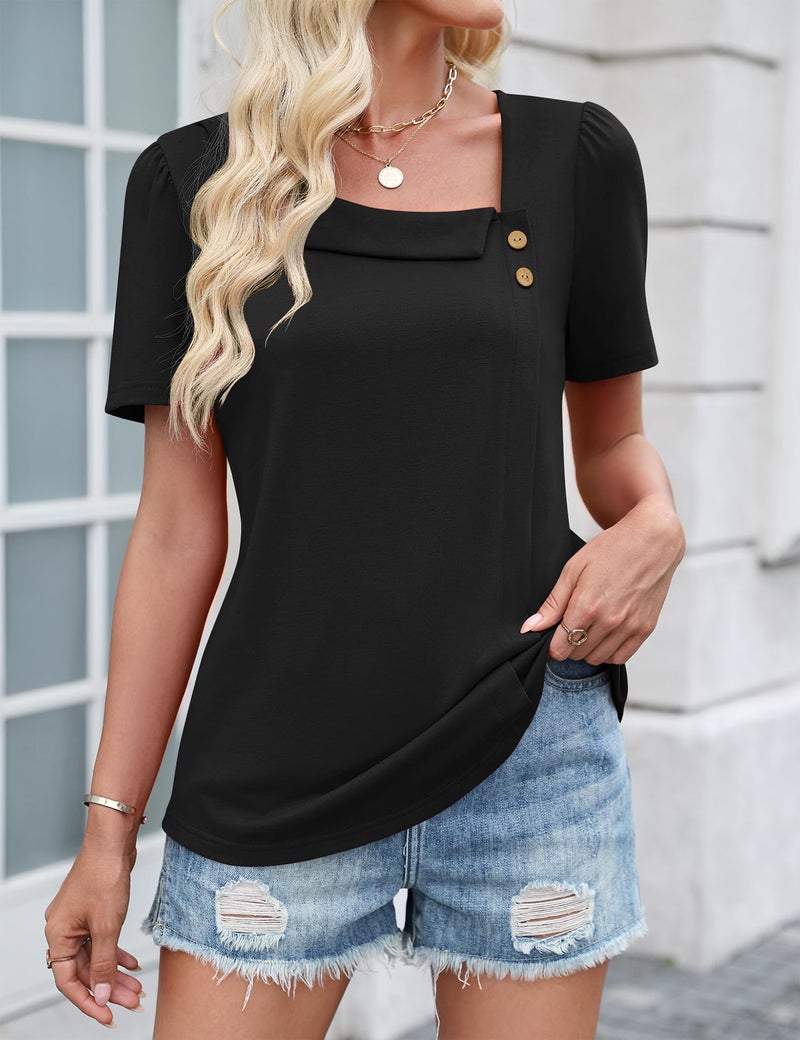 LUYAA Summer Clothes Womens Blouses Dressy Casual Black Short Sleeve Shirt Asymmetrical Square Neck Shirts Peasant Tops for Women L - Image 3