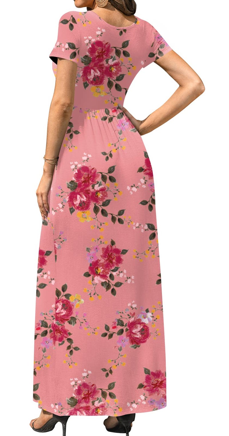 DB MOON Womens Casual Maxi Dresses Short Sleeve Empire Waist Long Dress for Beach with Pockets(Pink Floral, L) - Image 3