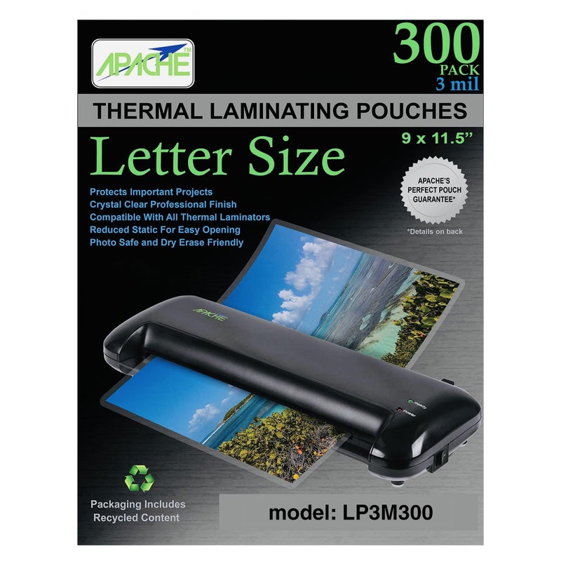 Apache 300 Pack Laminating Pouches 3 mil, Holds 8.5 x 11 Inch Letter Size (9 x 11.5 Inch Sheets), Office and School Supplies, Thermal Laminating Sheets, Super Clear, Round Corner