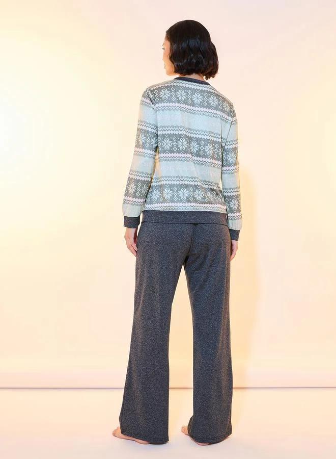 Take Two Graphic Print V Neck T-Shirt & Wide Leg Pyjama Set