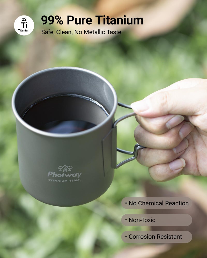 photway Ultralight Titanium Camp Mug with Lid 450ml (15.2oz), Single-Wall Coffee Mug Cup for Backpacking, Camping, Hiking & Open Fire Use - Image 2